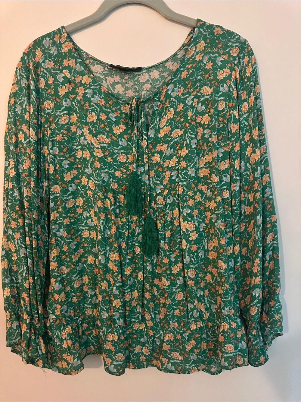 Rachel Zoe Green Floral Tie-Neck Tunic with Tassels